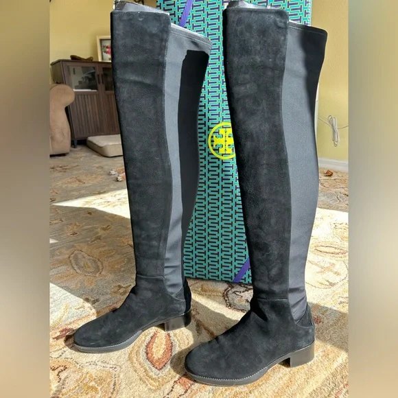 NIB Tory Burch Black Caitlin Stretch Over the Knee Suede/Neoprene Boots - Picture 7 of 14